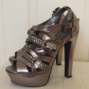 Metallic gray Platform sandals, 5 1/2 in heel.